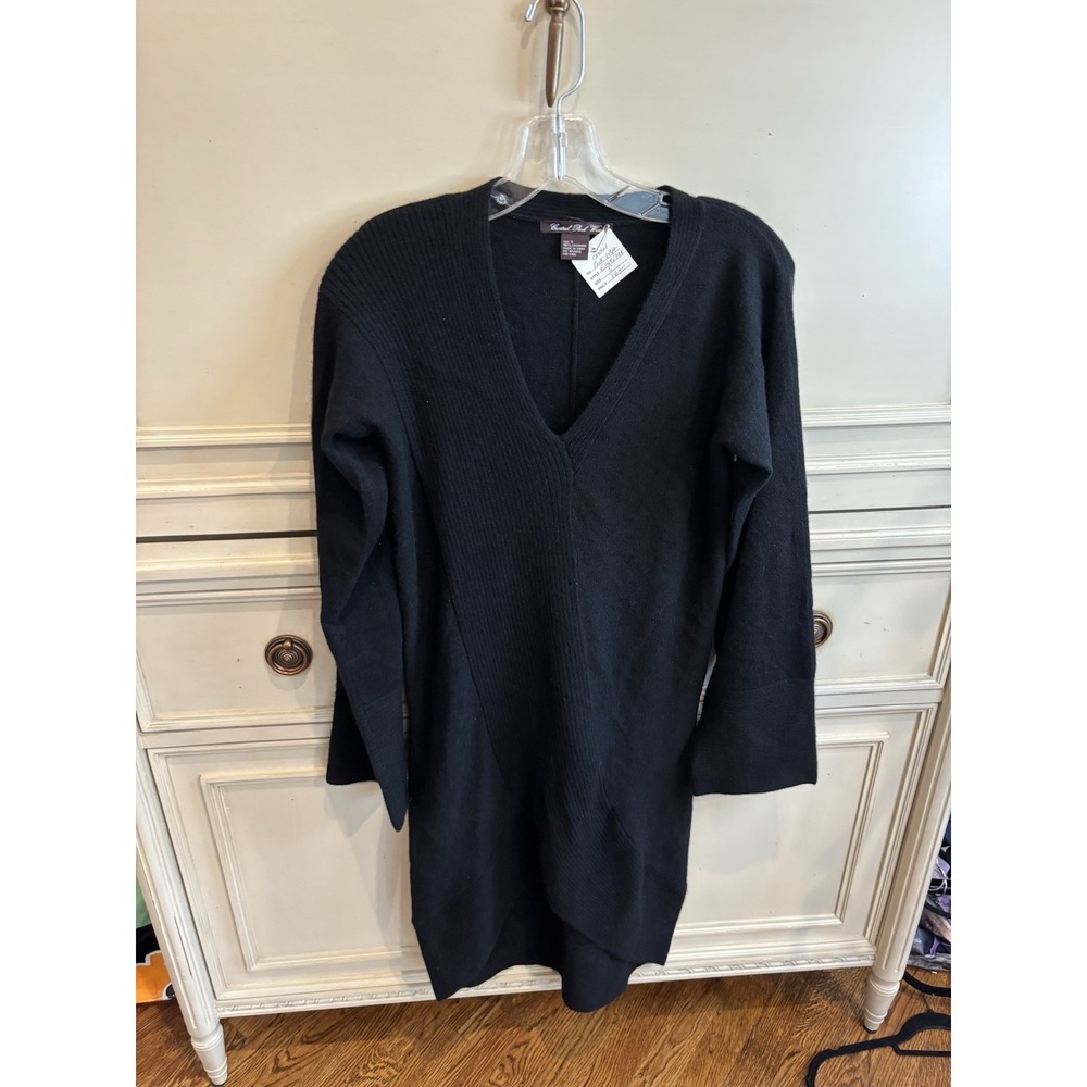 Central Park West Small 100% Cashmere Black Vneck Dress NWT Long Sleeve Midi